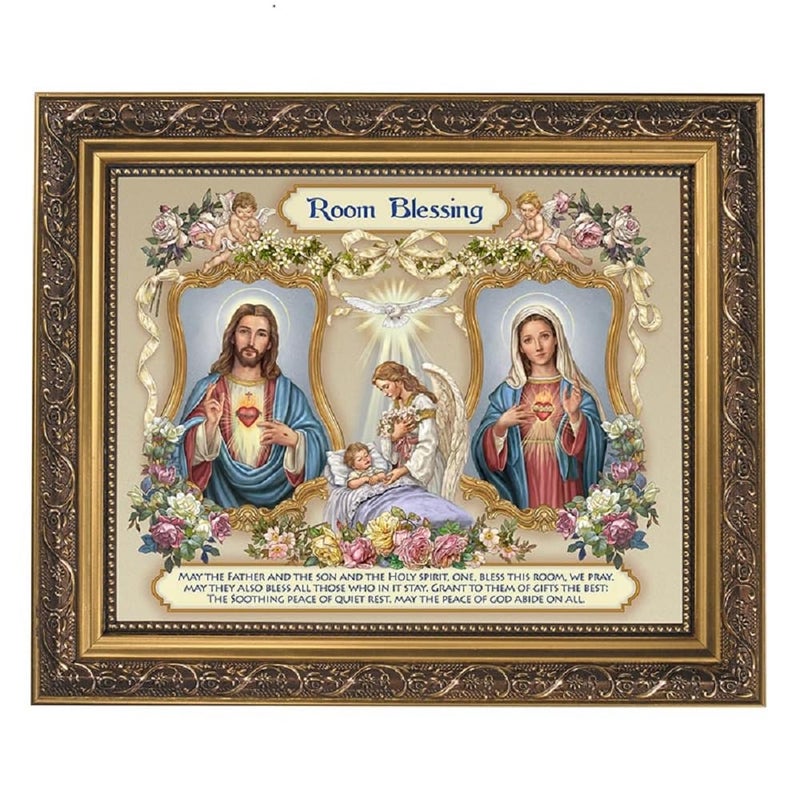Gerffert Collection Sacred Hearts Room Blessing Framed House Blessings Print, 13 Inch (Ornate Gold Tone Finish Frame)